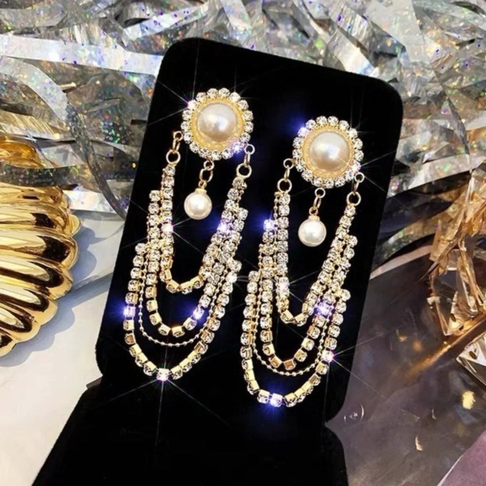 Elegant Crystal Pearl Dangle Earrings Vintage Style Luxury Gold Long‎ Drop new